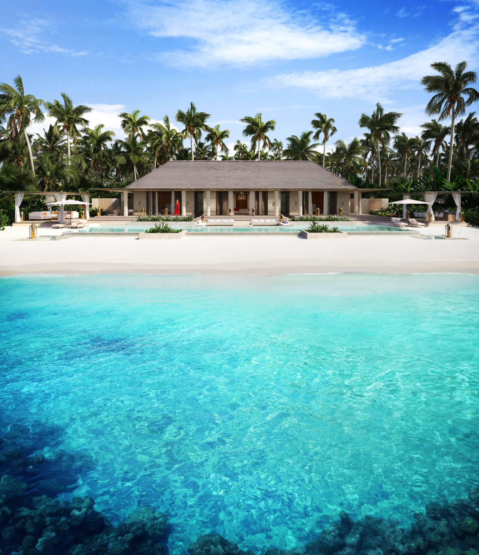 Two-bedroom Baccarat Maldives beach residence exterior, single-storey with 7 metre ceilings and 20 metre private pool