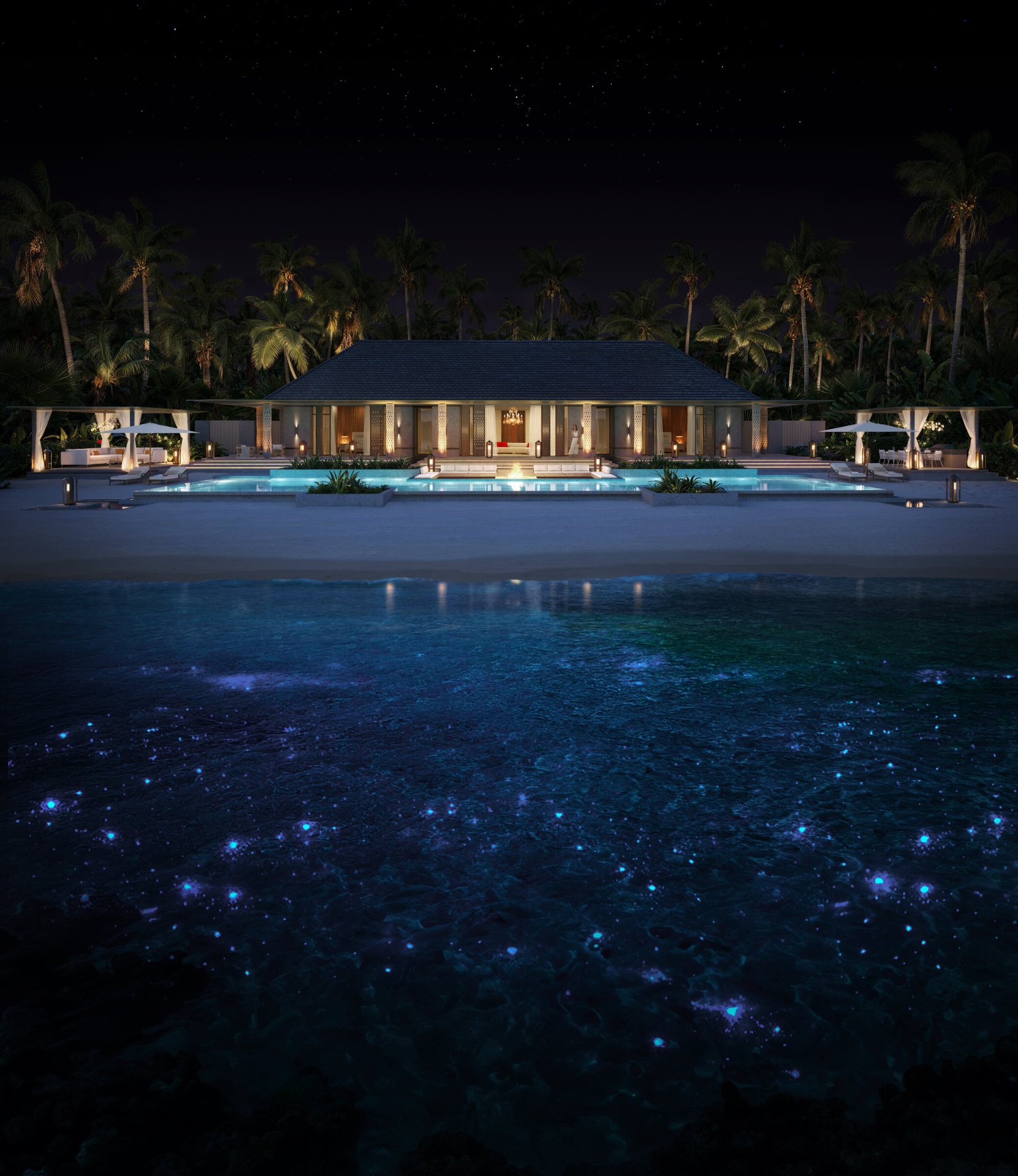 Two-bedroom Baccarat Maldives beach residence exterior at night