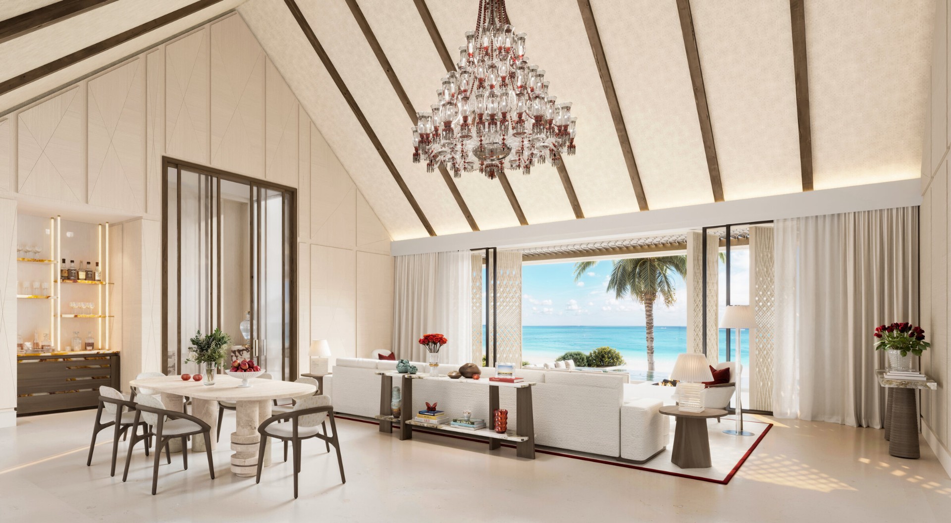Three-bedroom Baccarat Maldives residence interior reception, wrap-around balcony and 1508 London interior design
