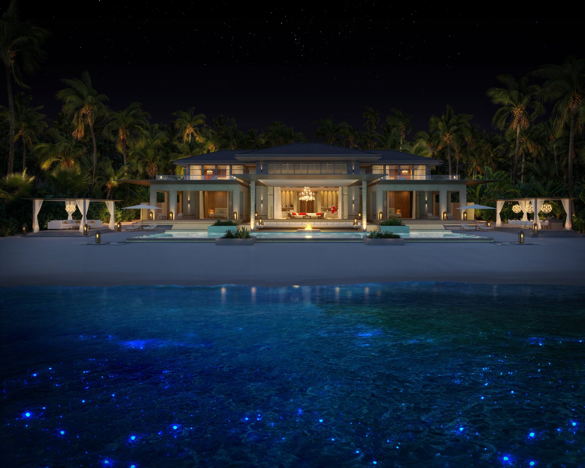 Four-bedroom Baccarat Maldives beach residence exterior at night