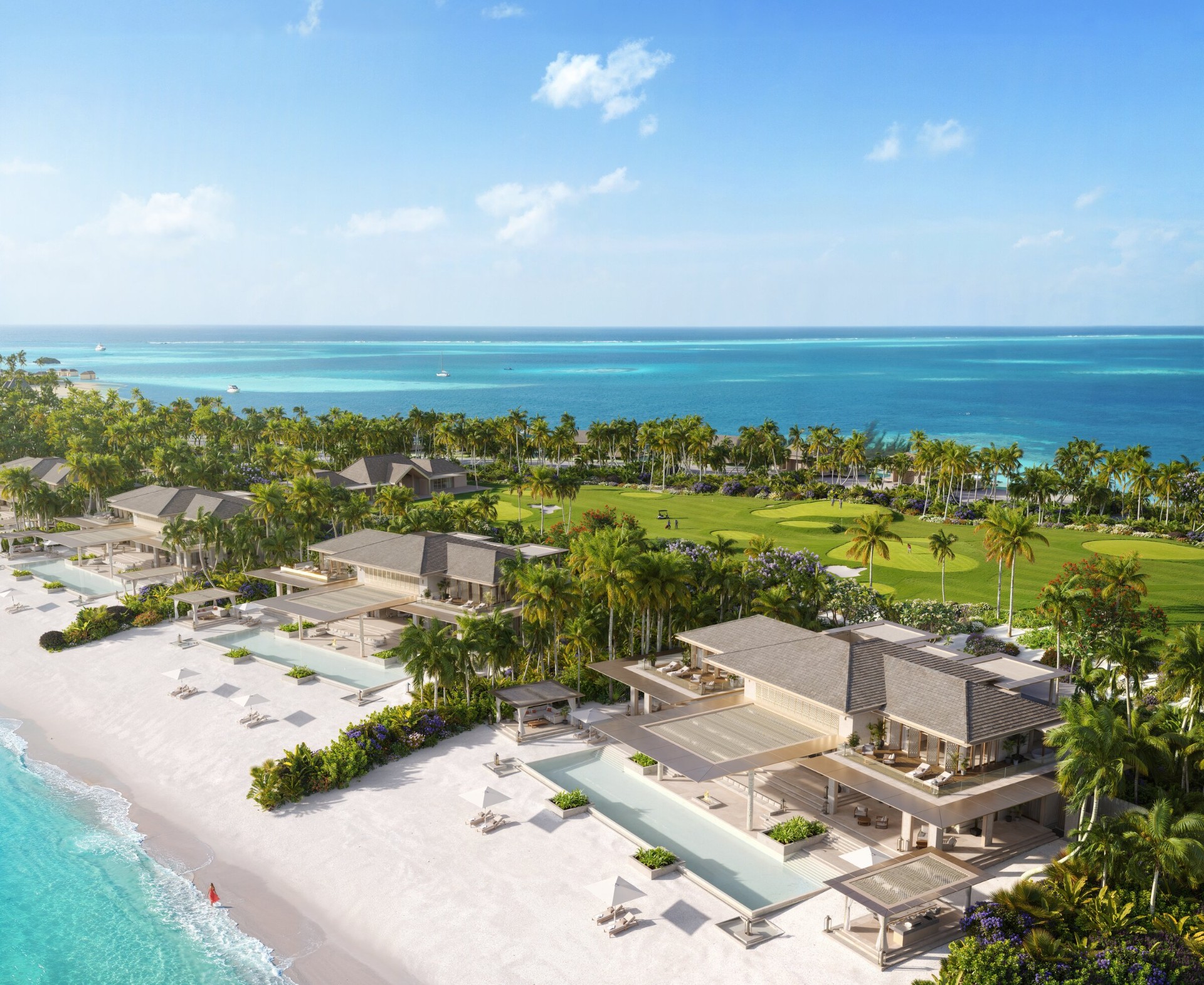 Aerial view of the Baccarat Maldives golf residence collection facing the 9-hole golf course and driving range