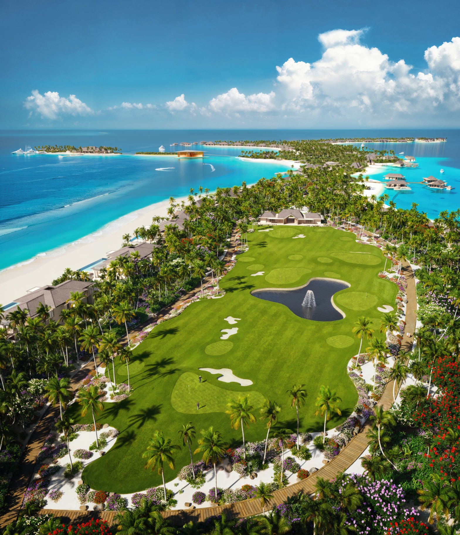 Aerial view of the Baccarat Maldives 9-hole golf course and driving range