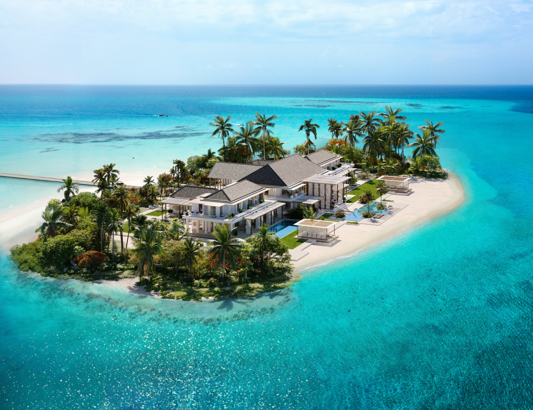 Baccarat Maldives private-island mansion exterior view across the lagoon