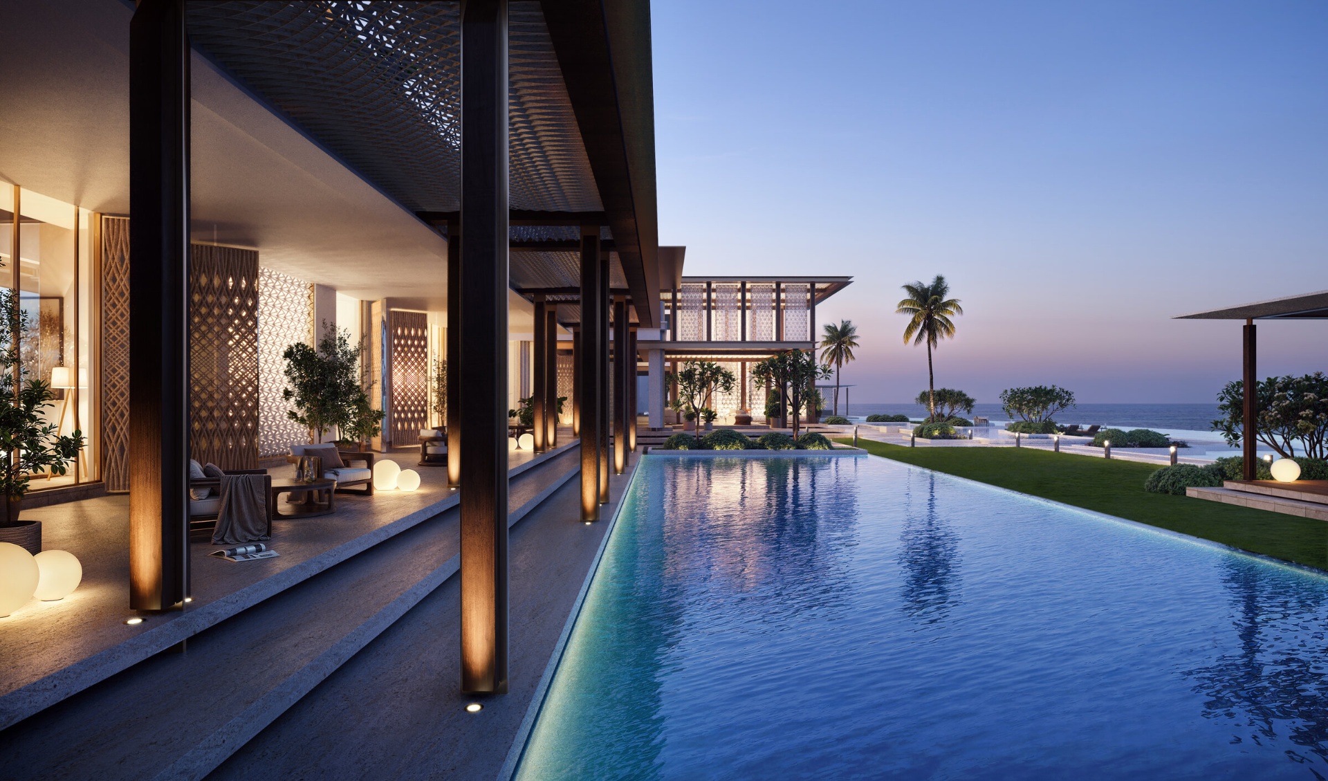 Baccarat Maldives mansion 30 metre private lap pool at dusk