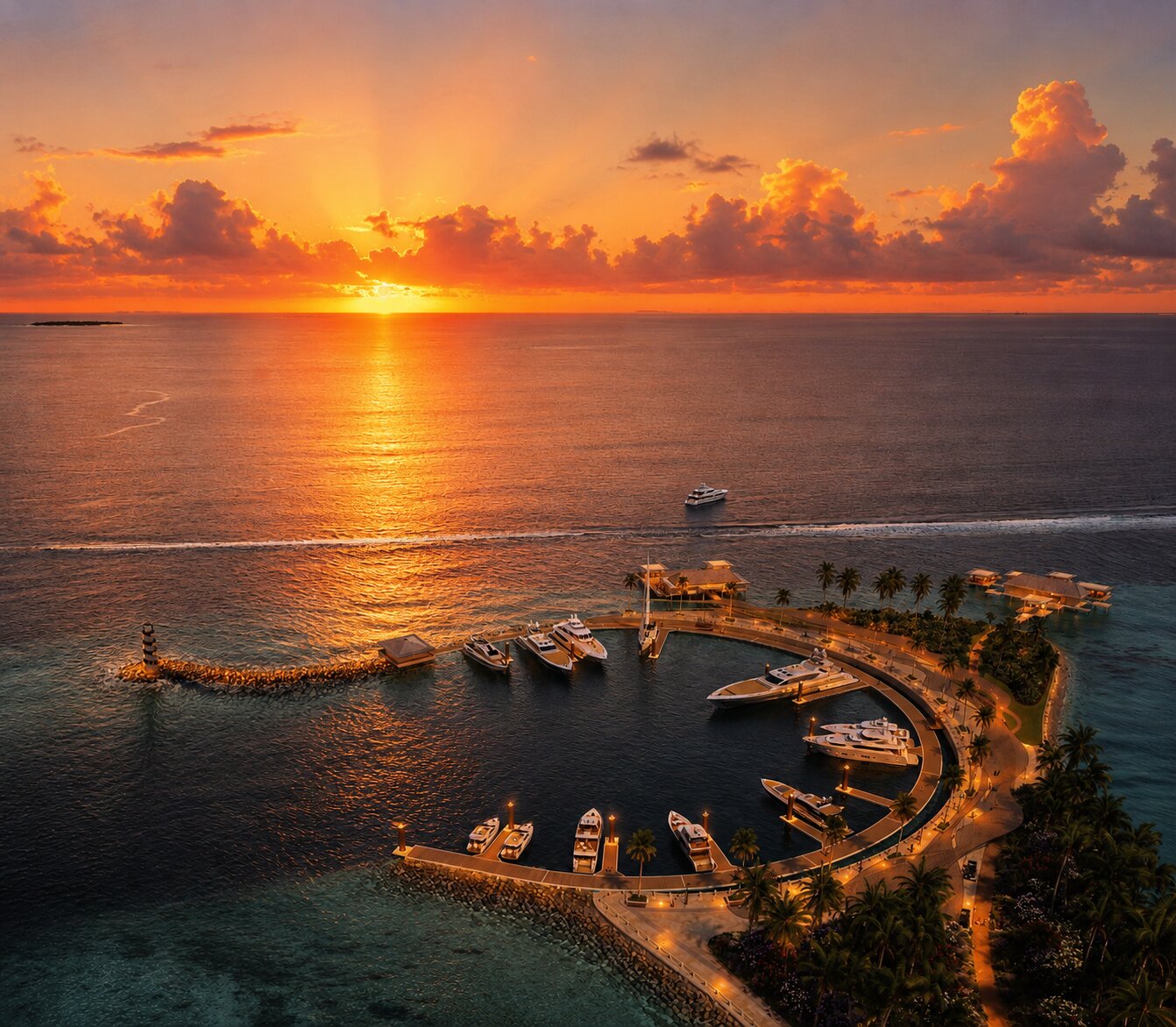Baccarat Maldives marina at sunset with private yachts moored alongside the arrival jetty